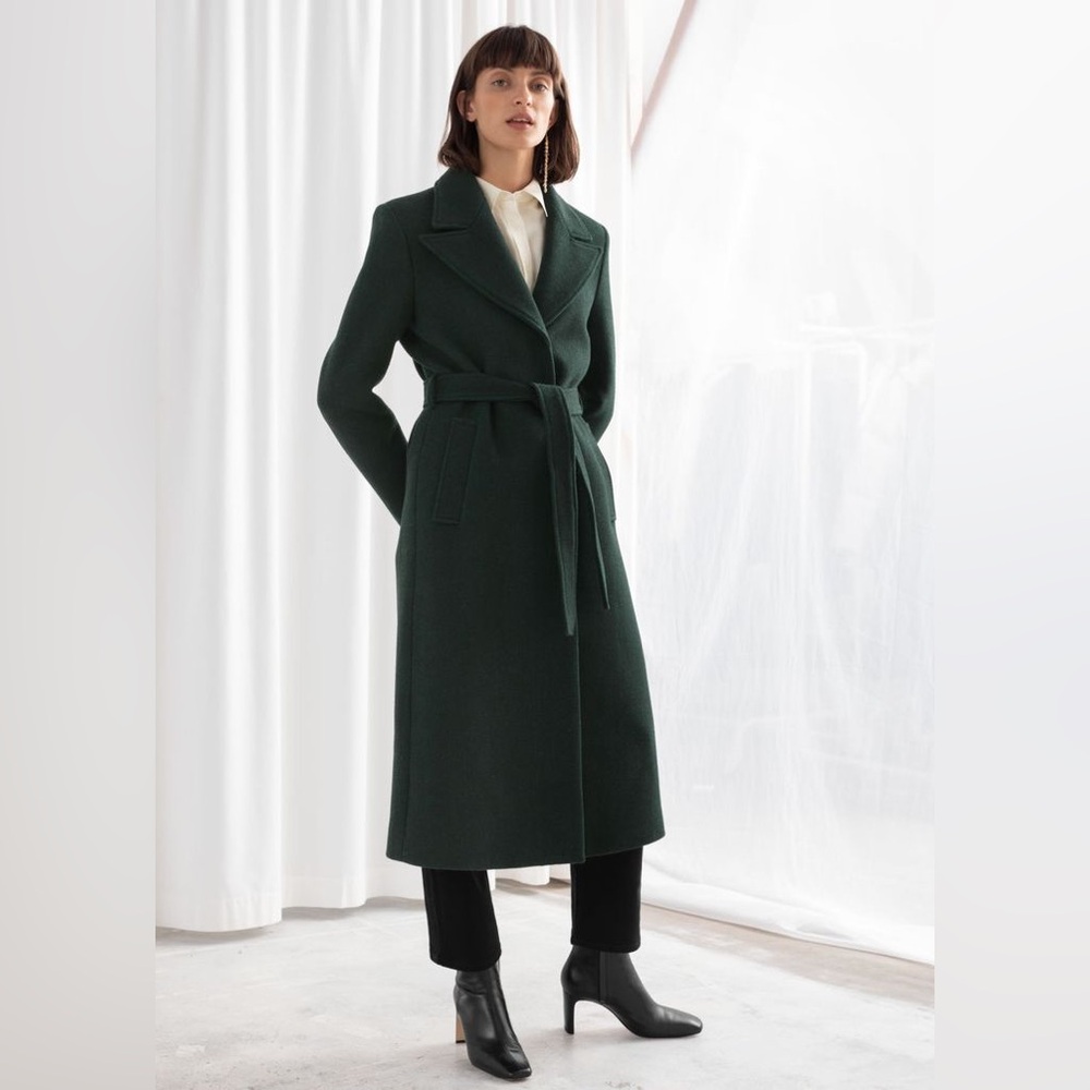 & Other Stories Belted Wool Herringbone Green Coat